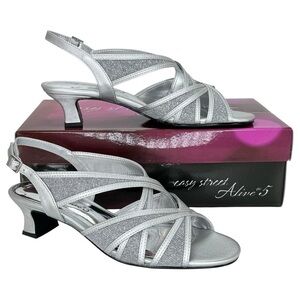 Easy Street Tristen Silver Satin/Glitter Kitten Heel Womens Pumps Size 7.5M